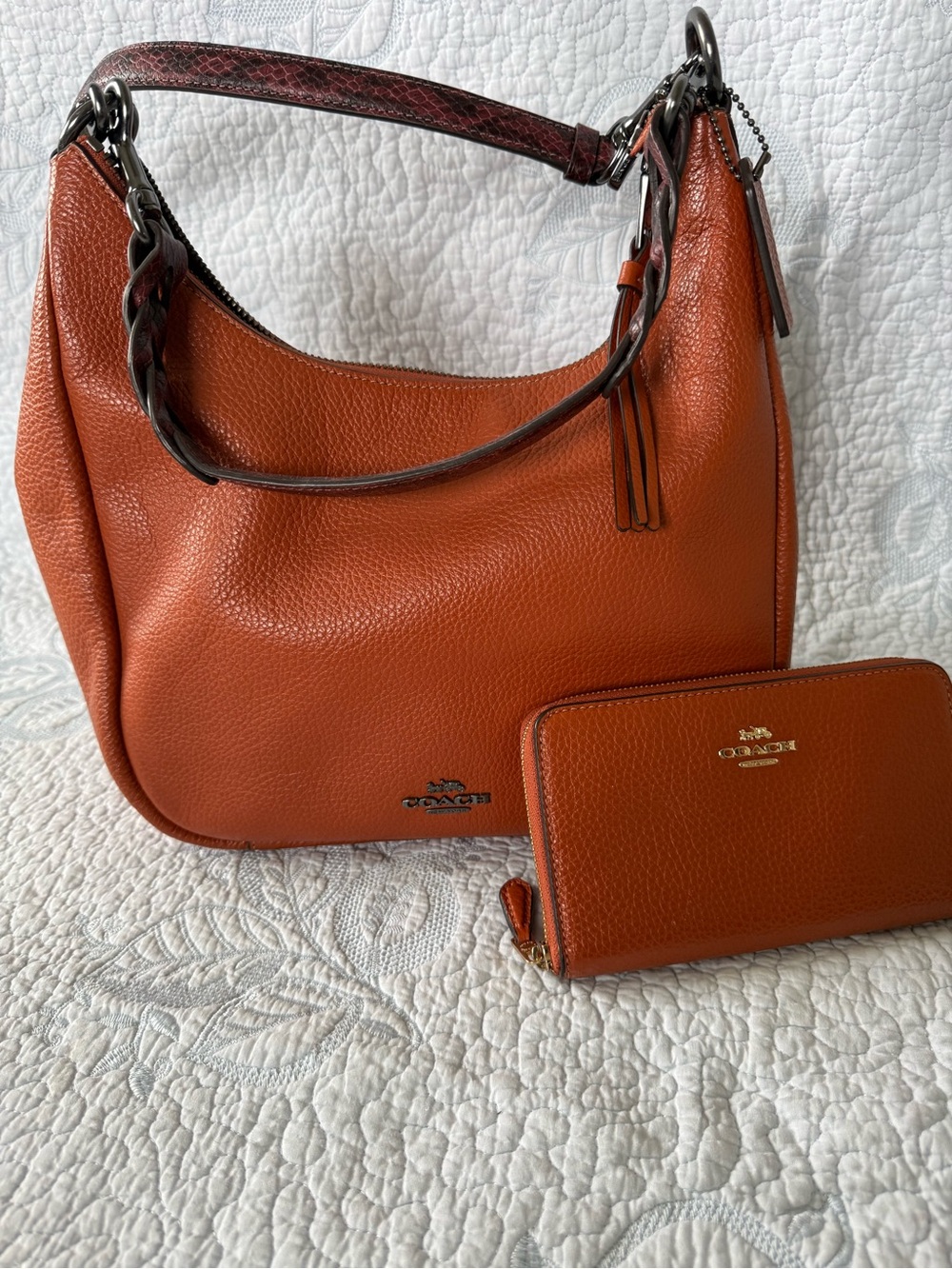 Coach Pebbled Leather Shoulder Hobo in Burnt Orange with Dark Brown Trim